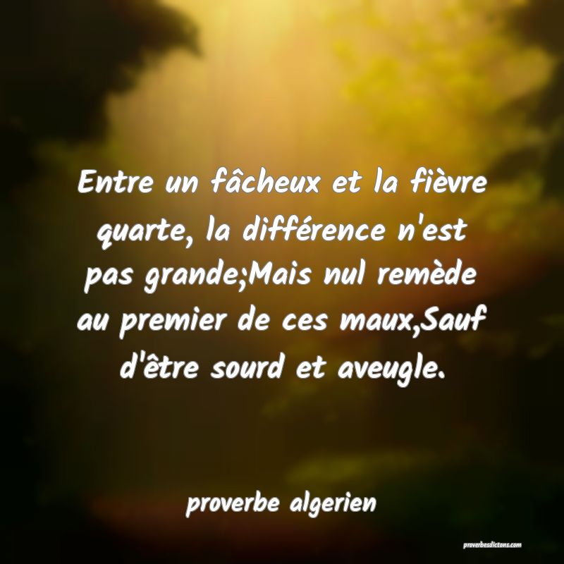  Entre un fâcheux et la fièvre quarte, la différence n'est pas grande;Mais nul remède au premier de ces maux,Sauf d'être sourd et aveugle.